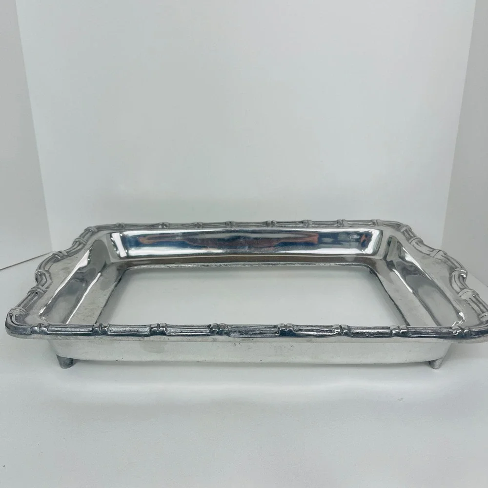 Unbranded Casserole Dish Holder Silver Bamboo Trim Rectangular Pewter Good
